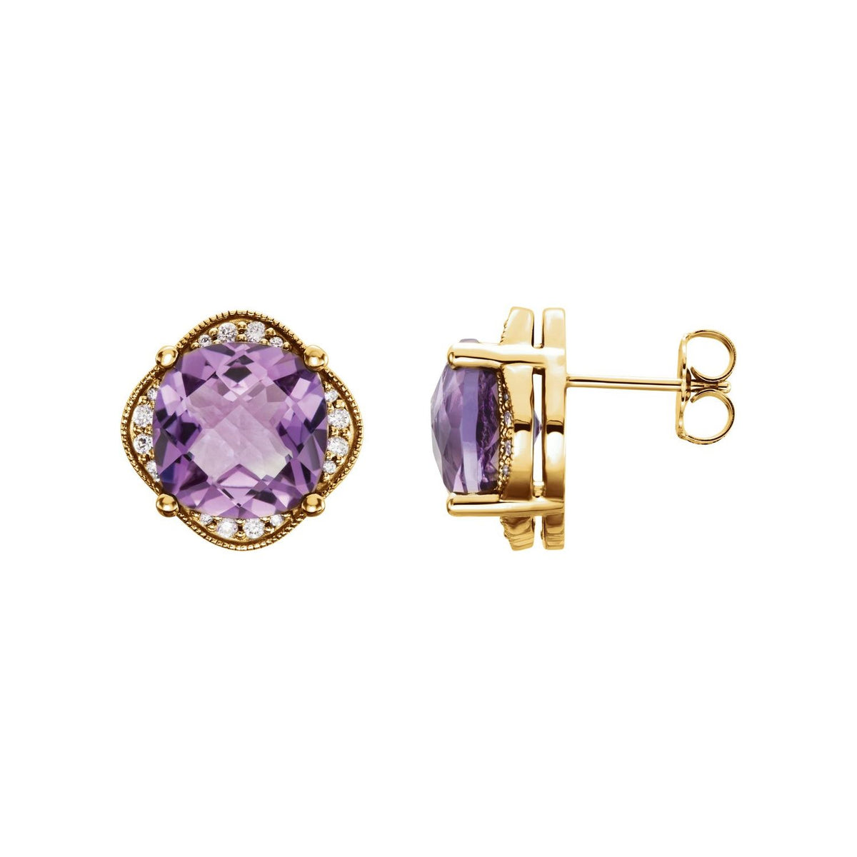 14K Yellow Gold amethyst cushion halo earrings