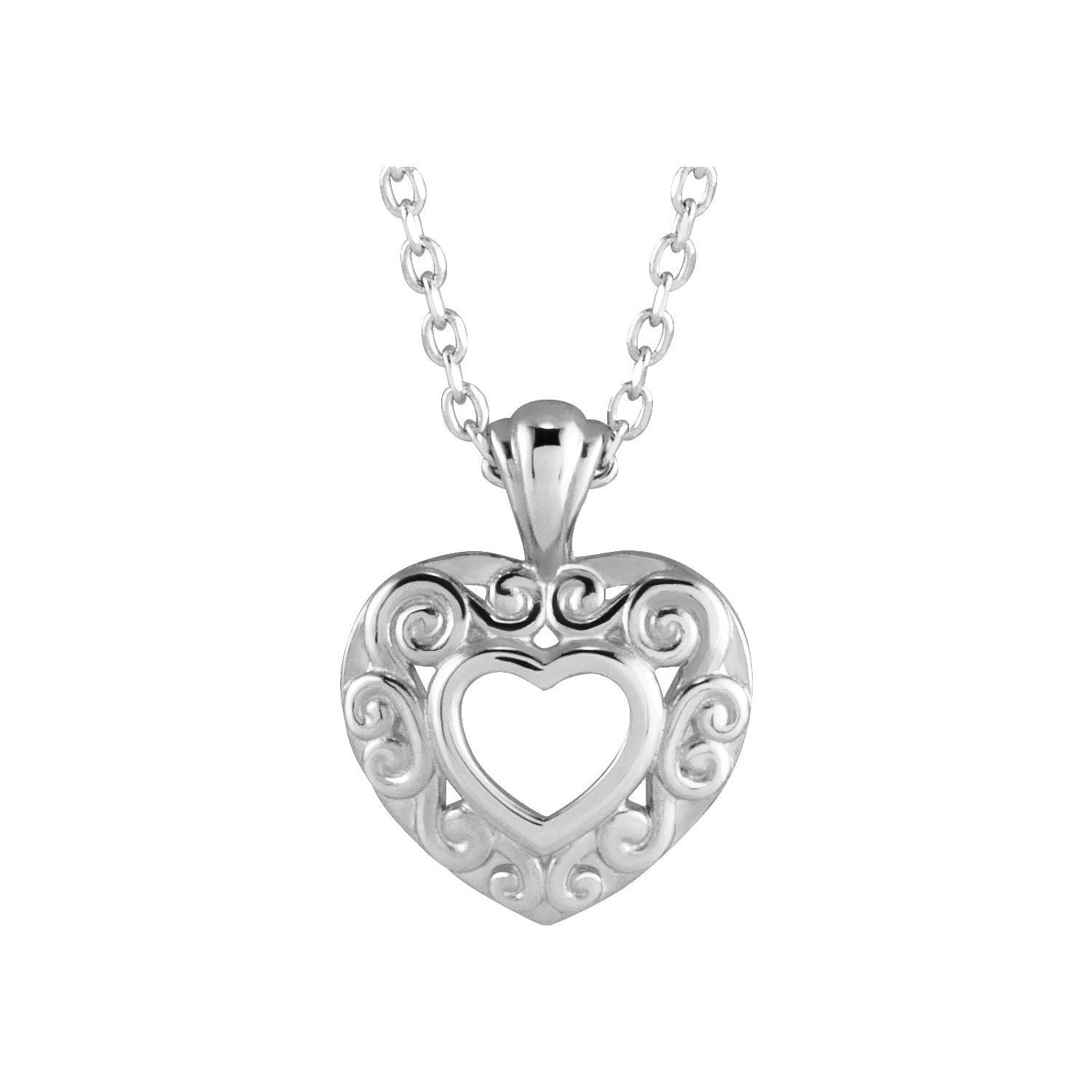 14K White Gold Filigree Heart Necklace on an adjustable 16 to 18 inch cable chain