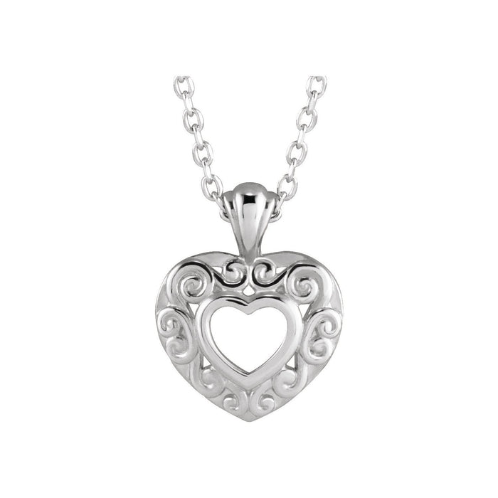 14K White Gold Filigree Heart Necklace on an adjustable 16 to 18 inch cable chain