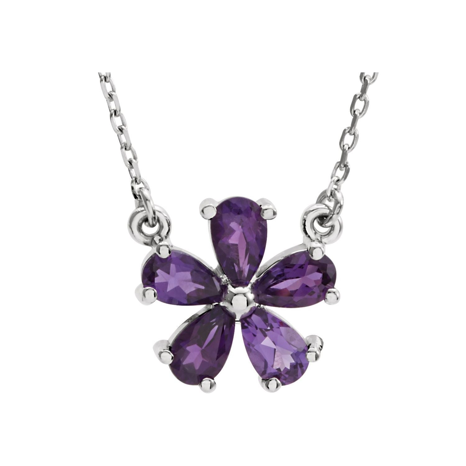 Natural amethyst flower necklace with five pear-cut amethysts in 14K white gold
