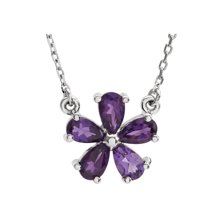 Natural amethyst flower necklace with five pear-cut amethysts in 14K white gold