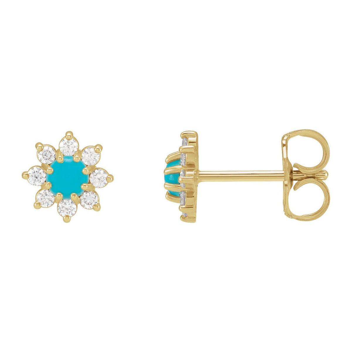 Flower Turquoise Stud Earrings with Diamonds in 14K Yellow Gold
