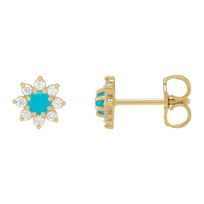 Flower Turquoise Stud Earrings with Diamonds in 14K Yellow Gold