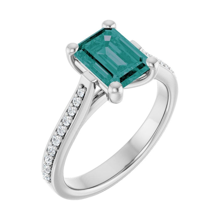 Emerald 1.5 ct French Pavé Solitaire Lab Grown Alexandrite Engagement Ring in 14K White Gold