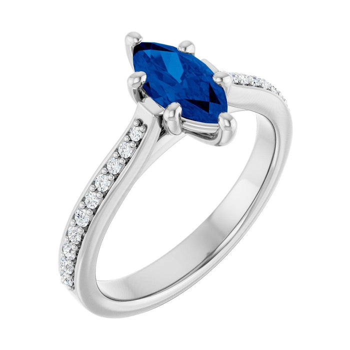 Marquise 1 ct French Pavé Solitaire Lab Grown Blue Sapphire Engagement Ring in 14K White Gold