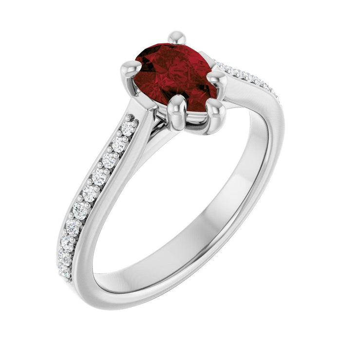 Pear 1 ct French Pavé Solitaire Natural Garnet Engagement Ring in 14K White Gold