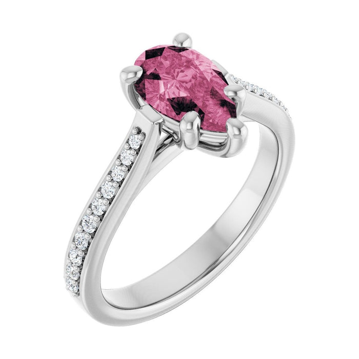 Pear 1 ct French Pavé Solitaire Natural Tourmaline Engagement Ring in 14K White Gold