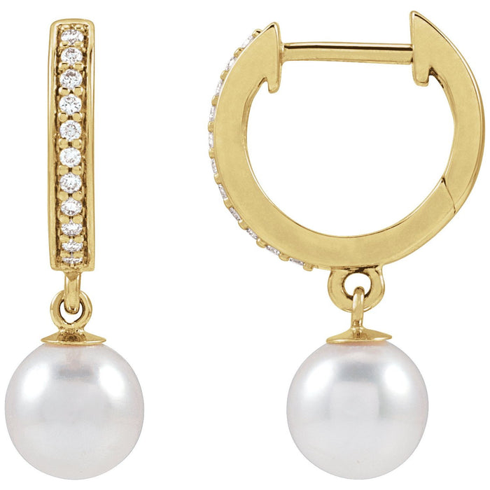 Freshwater Pearl & Diamond Hoop Earrings in 14K Yellow Gold