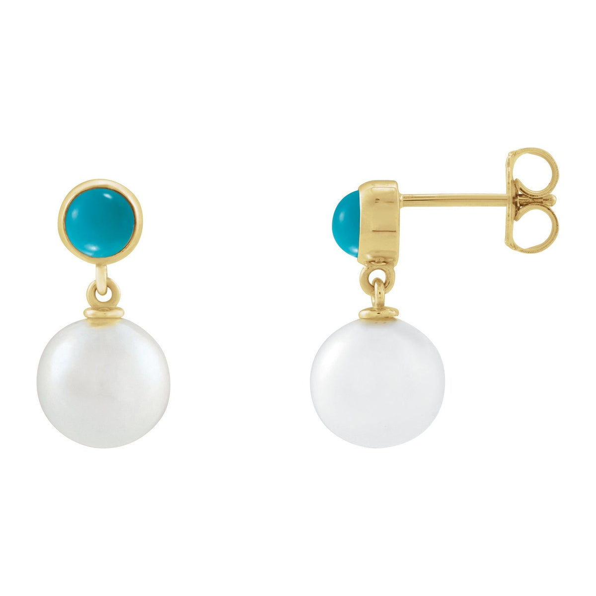 Freshwater Pearl and Turquoise Drop Earrings in 14K Yellow Gold