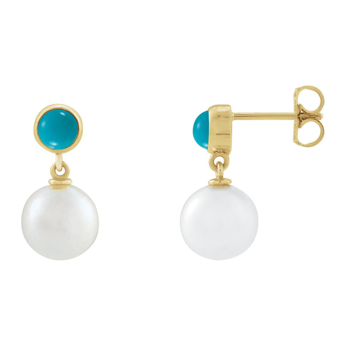 Freshwater Pearl and Turquoise Drop Earrings in 14K Yellow Gold