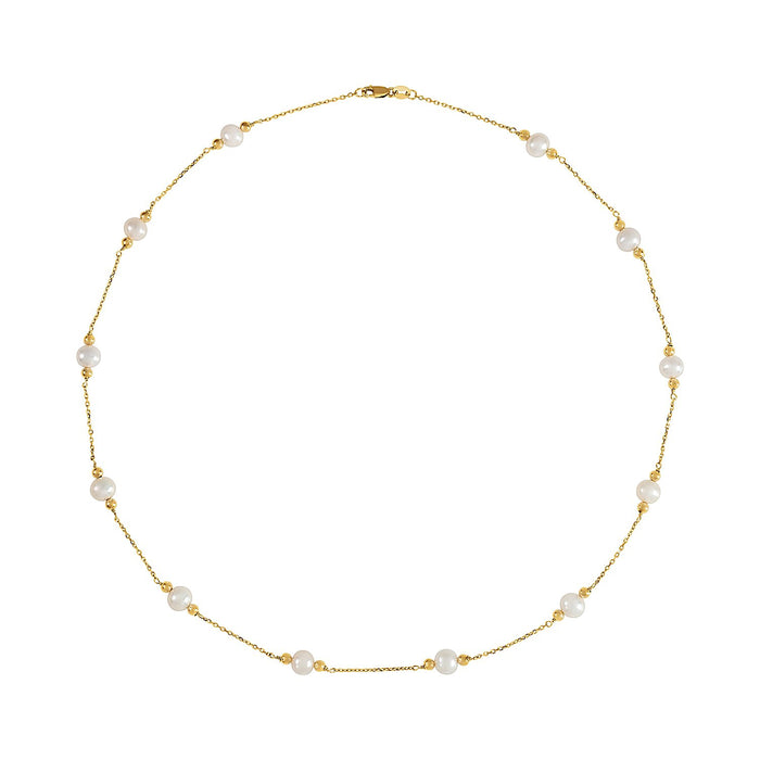 Freshwater Pearl & Gold Bead Station Necklace in 14K Yellow Gold, full length