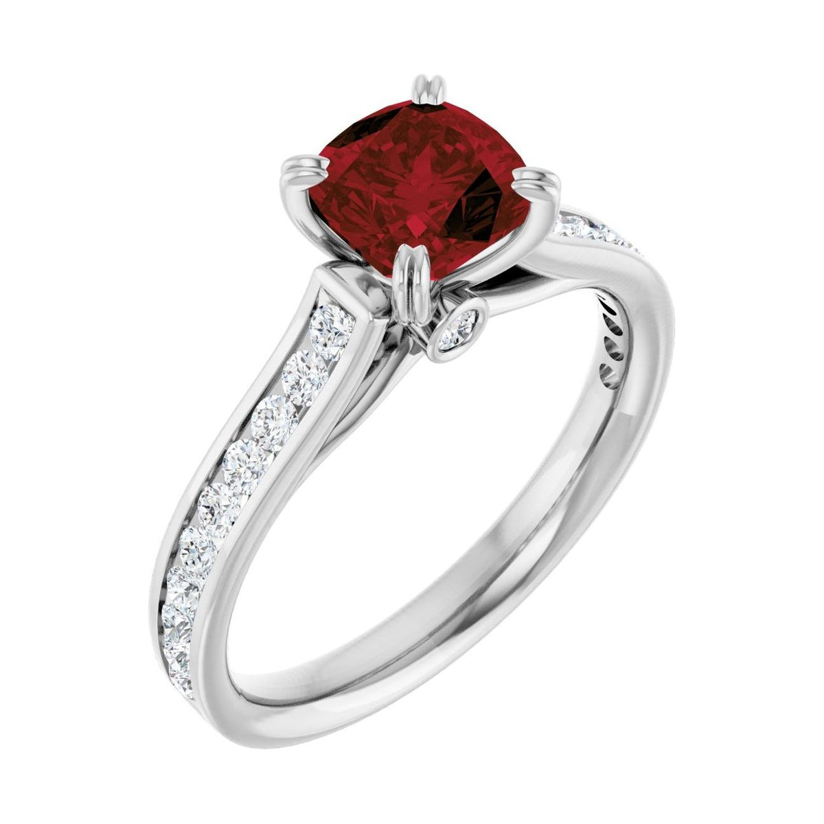 Cushion 1.5 ct garnet 14K White Gold cathedral pavé engagement ring