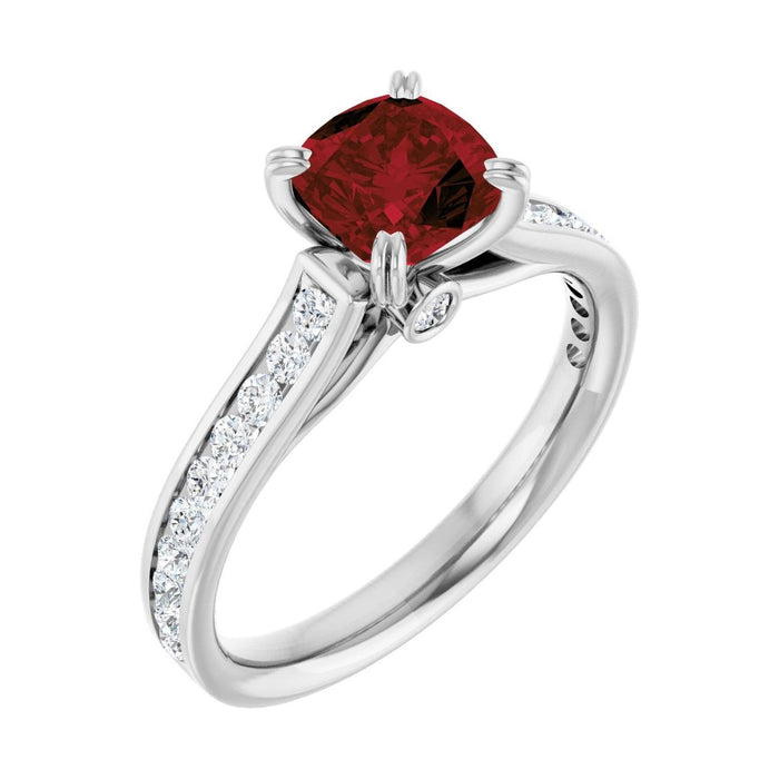 Cushion 1.5 ct garnet 14K White Gold cathedral pavé engagement ring
