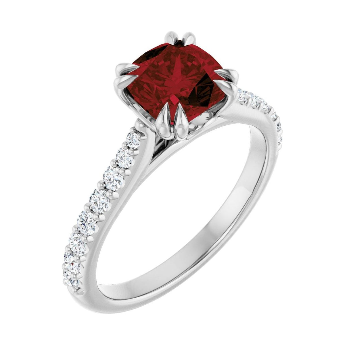 Cushion 1.5 ct garnet 14K White Gold double claw-prong solitaire engagement ring