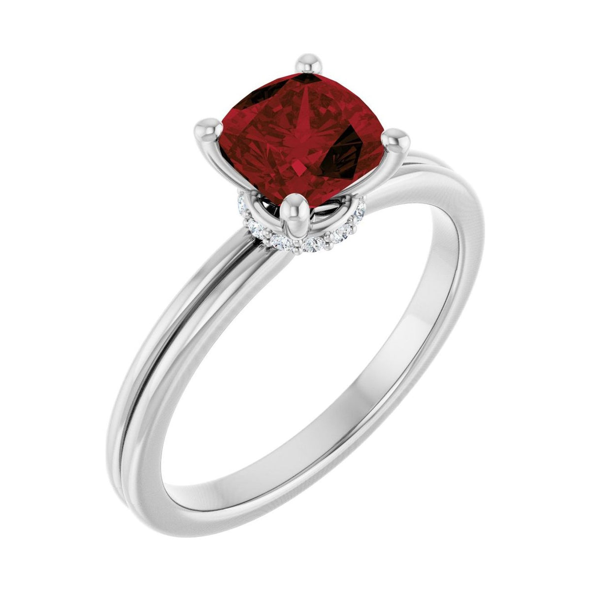 Cushion 1.5 ct garnet 14K White Gold hidden-accent solitaire engagement ring