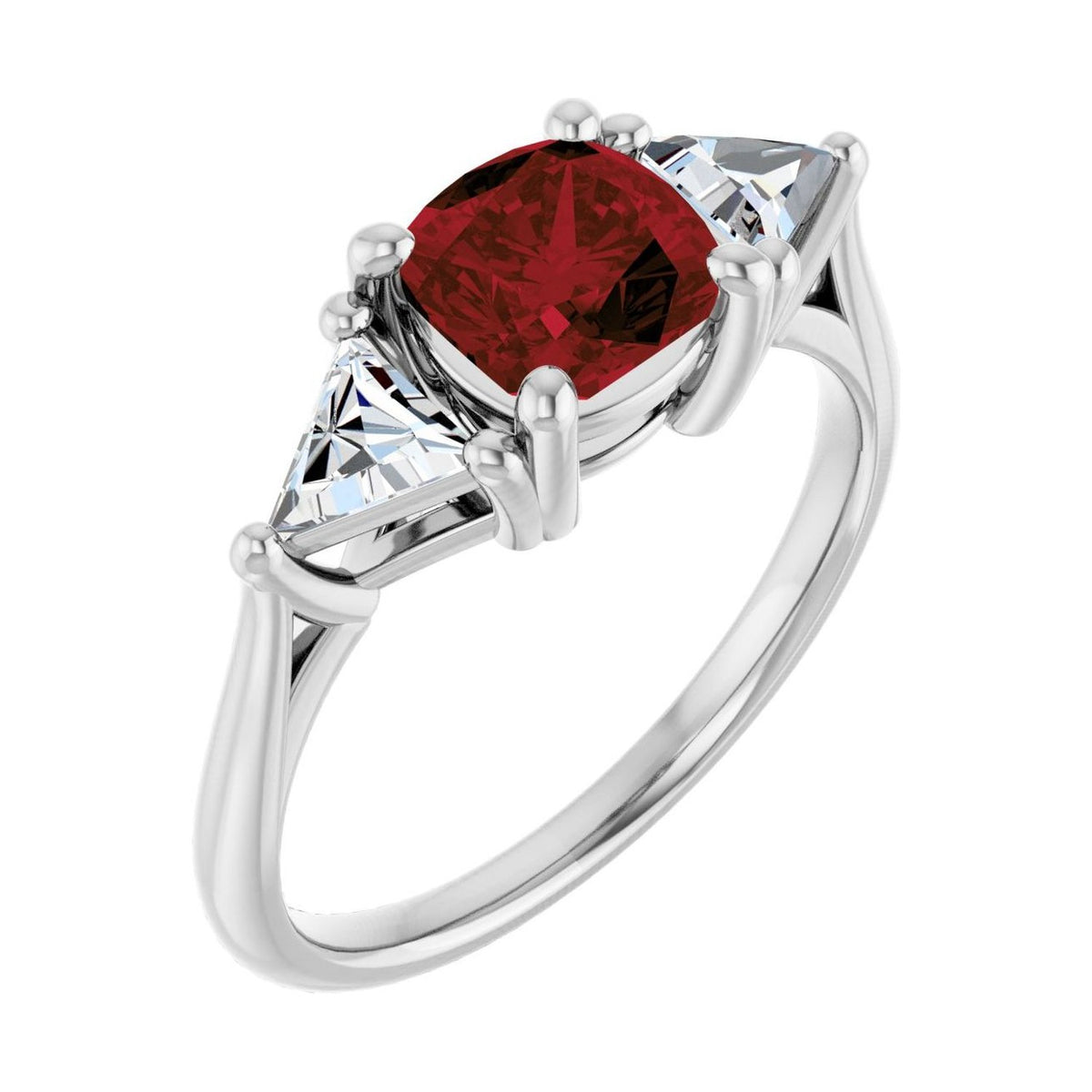 Cushion 1.5 ct garnet 14K White Gold trillion three-stone engagement ring
