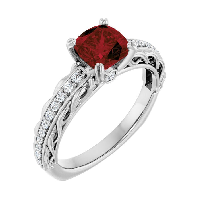 Cushion 1.5 ct garnet 14K White Gold twisted vine solitaire engagement ring