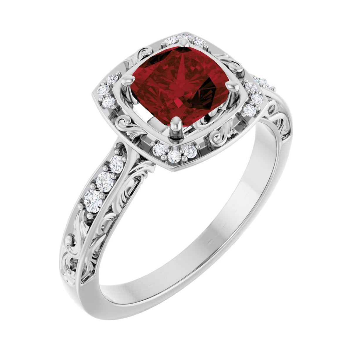 Cushion 1.5 ct garnet 14K White Gold vintage scroll halo engagement ring