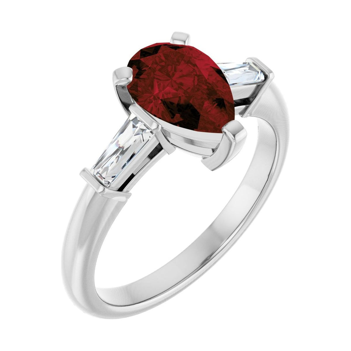 Pear 1 ct garnet 14K White Gold tapered baguette three-stone engagement ring