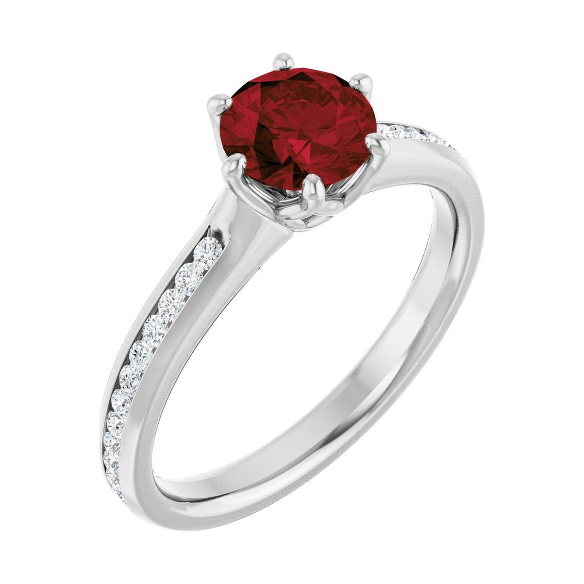Round 1.5 ct garnet 14K White Gold accented shoulder engagement ring