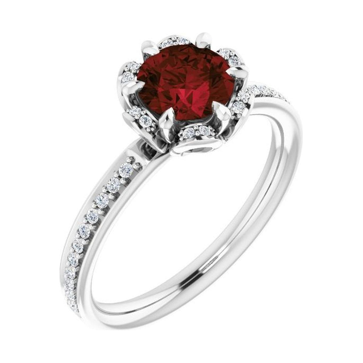 Round 1.5 ct garnet 14K White Gold petite pavé halo engagement ring