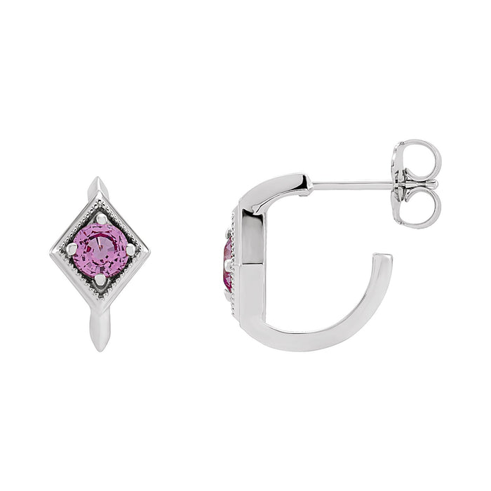 Geometric Pink Sapphire Hoop Earrings in 14K White Gold
