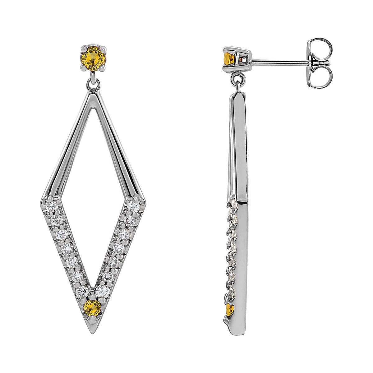 Geometric Yellow Sapphire Stud Earrings in 14K White Gold