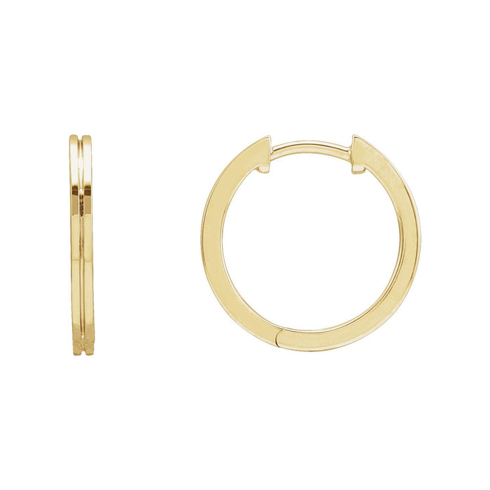 14K Yellow Gold Grooved Huggie 15 mm hinged gold hoop earrings