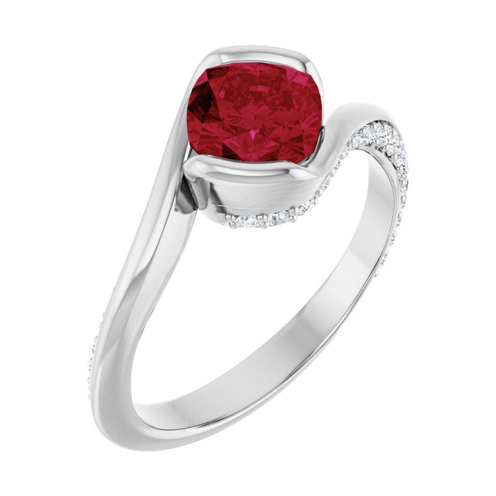 Cushion 1 ct Half-Bezel Bypass Lab Grown Ruby Engagement Ring in 14K White Gold