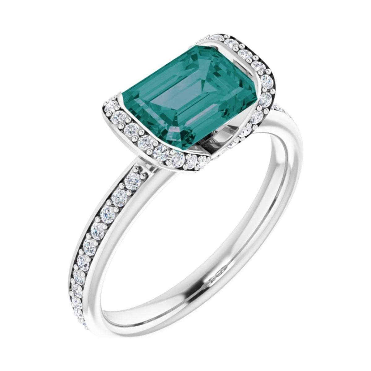 Emerald 1.5 ct Half-Bezel Halo Lab Grown Alexandrite Engagement Ring in 14K White Gold