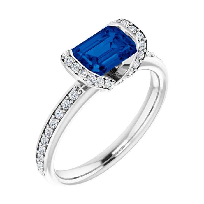 Emerald 1 ct Half-Bezel Halo Lab Grown Blue Sapphire Engagement Ring in 14K White Gold