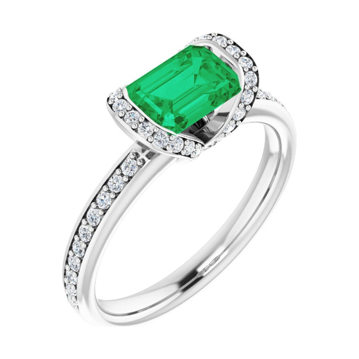 Emerald 1 ct Half-Bezel Halo Lab Grown Emerald Engagement Ring in 14K White Gold