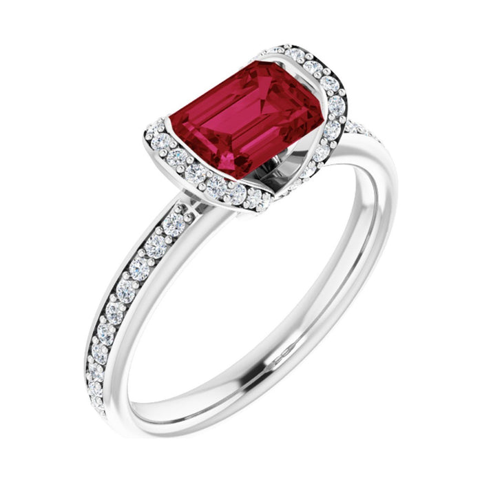 Emerald 1 ct Half-Bezel Halo Lab Grown Ruby Engagement Ring in 14K White Gold