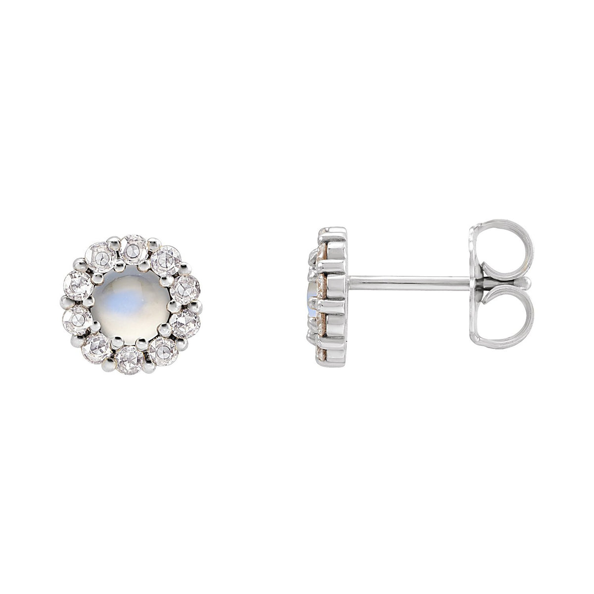 Halo Rainbow Moonstone Stud Earrings in 14K White Gold