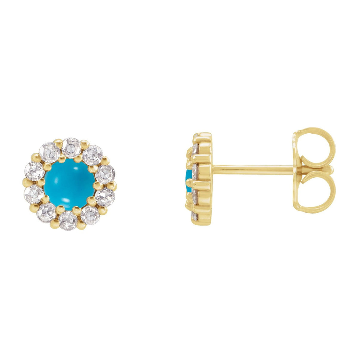 Halo Turquoise Stud Earrings with Diamonds in 14K Yellow Gold, 3 mm · 1/8 ctw