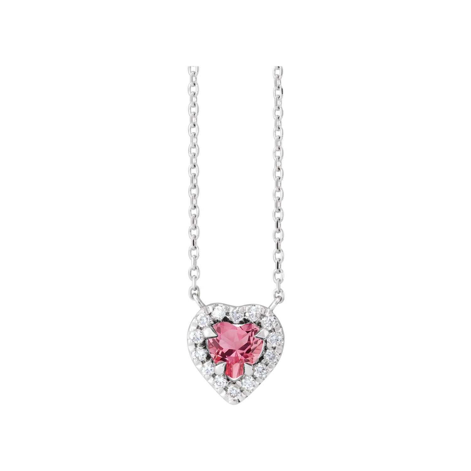 Heart Pink Tourmaline and Diamond French-Set Necklace in 14K White Gold on a 16 or 18 inch gold cable chain