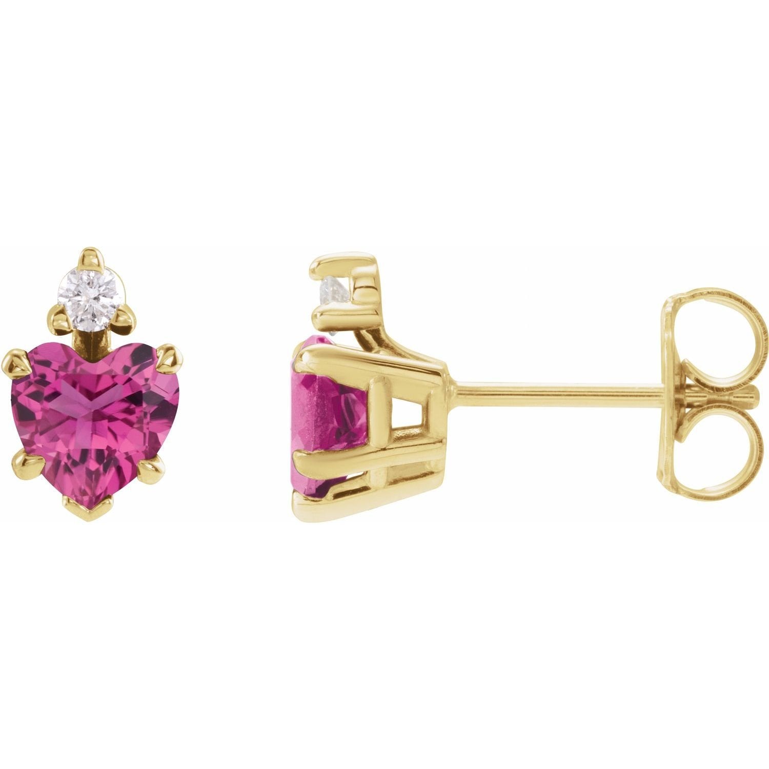 heart pink tourmaline & diamond studs in 14k Yellow Gold
