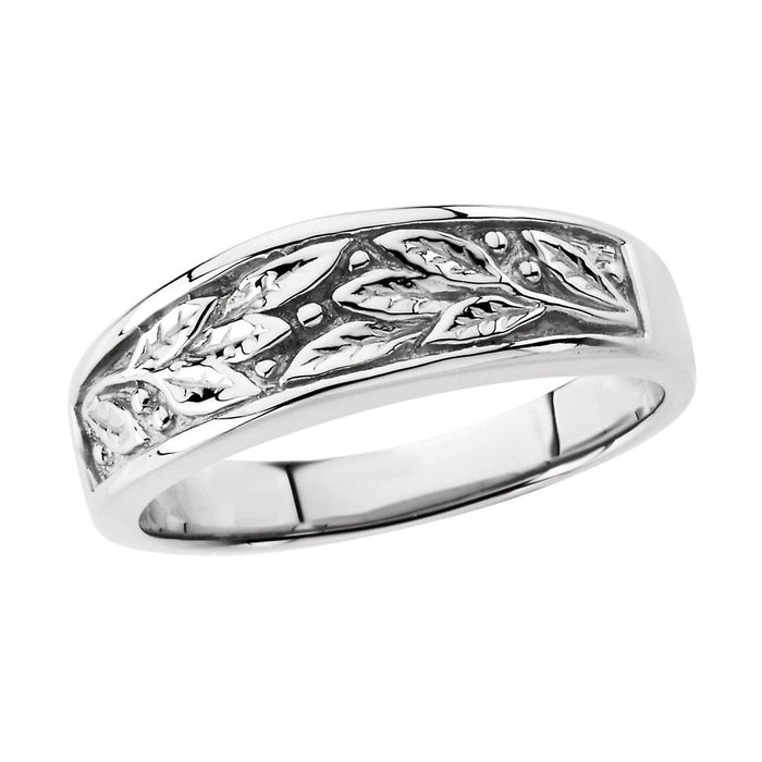 Heritage floral men's wedding band in white gold with pierced leaf detail