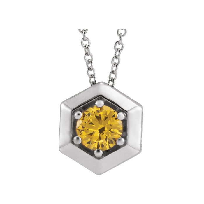 14K White Gold citrine necklace with a faceted hexagon pendant
