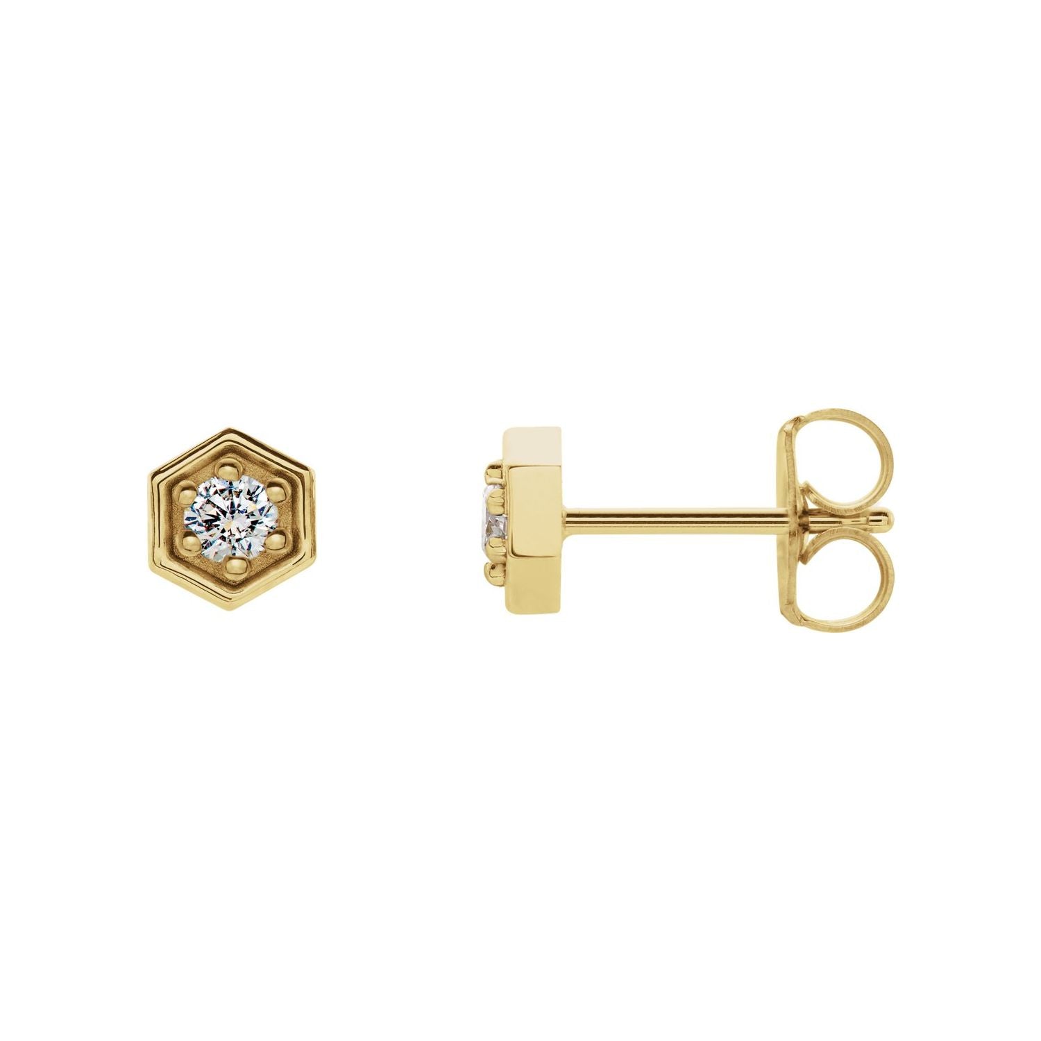 14K Yellow Gold 1/8 ct hexagon diamond stud earrings, six-prong, 4.6 mm