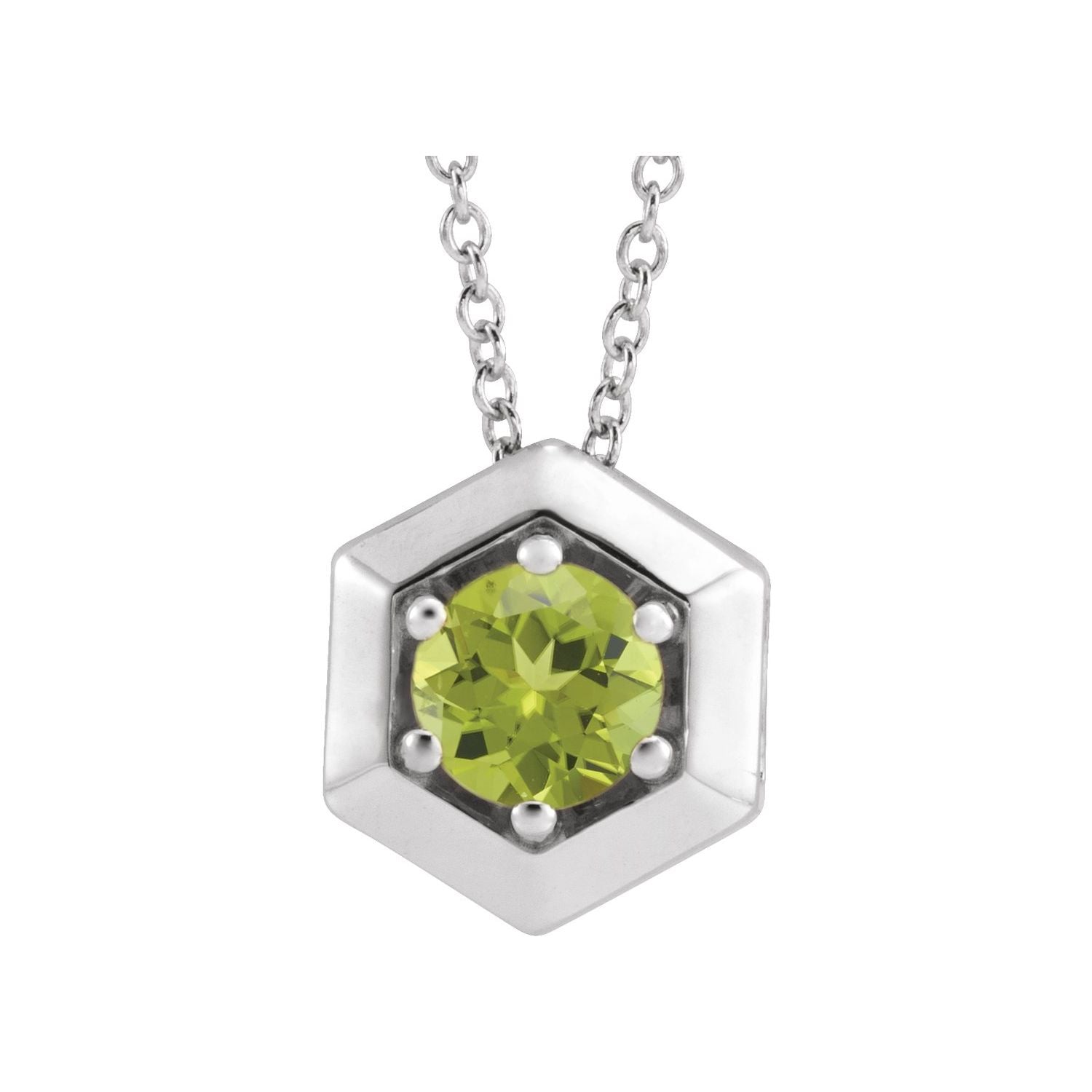 14K White Gold peridot necklace with a faceted hexagon pendant