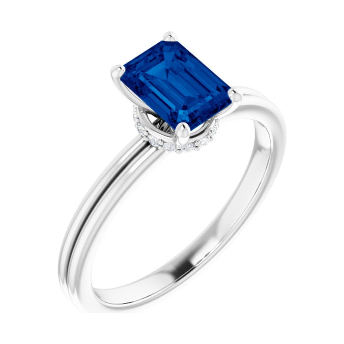 Emerald 1 ct Hidden-Accent Solitaire Lab Grown Blue Sapphire Engagement Ring in 14K White Gold