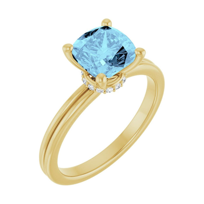 Cushion 1 ct Hidden-Accent Solitaire Natural Aquamarine Engagement Ring in 14K Yellow Gold