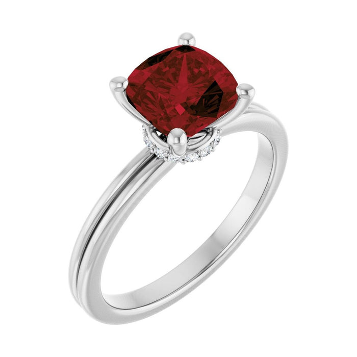 Cushion 1.5 ct Hidden-Accent Solitaire Natural Garnet Engagement Ring in 14K White Gold