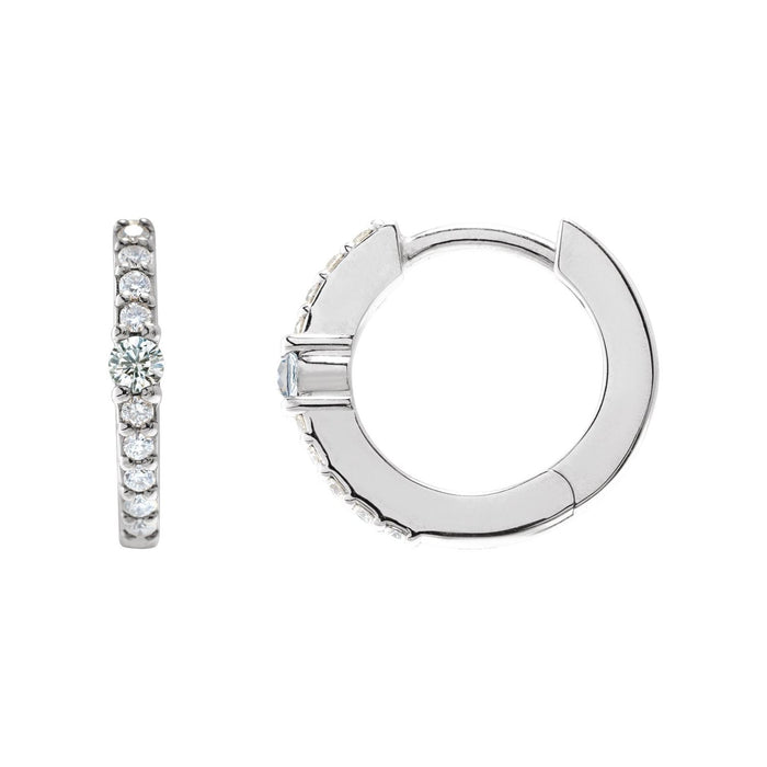 14K White Gold 13.6 mm hinged 1/8 ct diamond white sapphire huggie hoop earrings