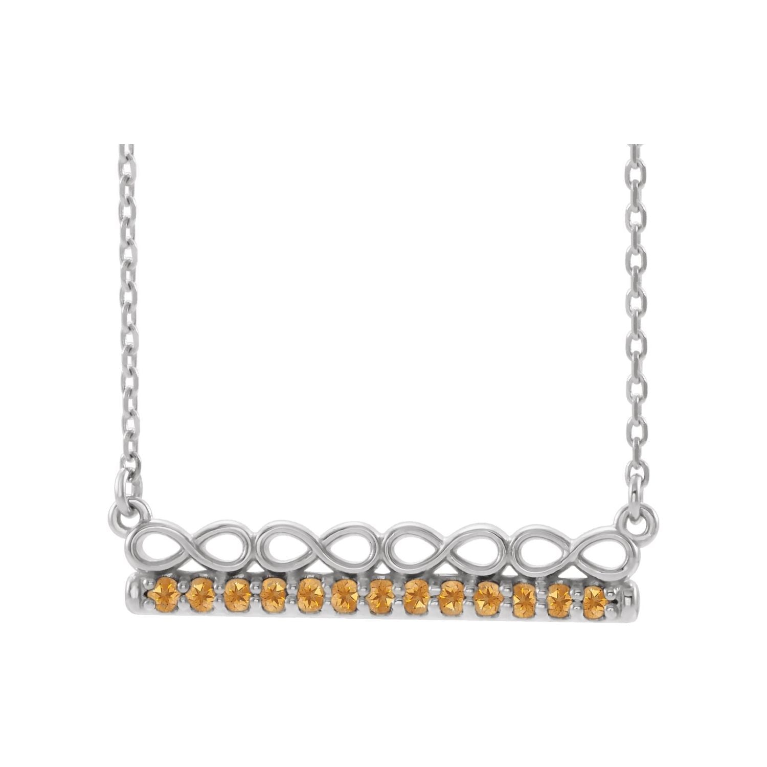 14K White Gold infinity bar necklace set with thirteen citrines