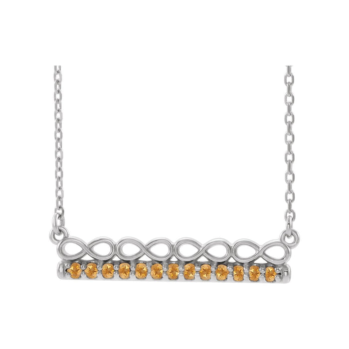 14K White Gold infinity bar necklace set with thirteen citrines