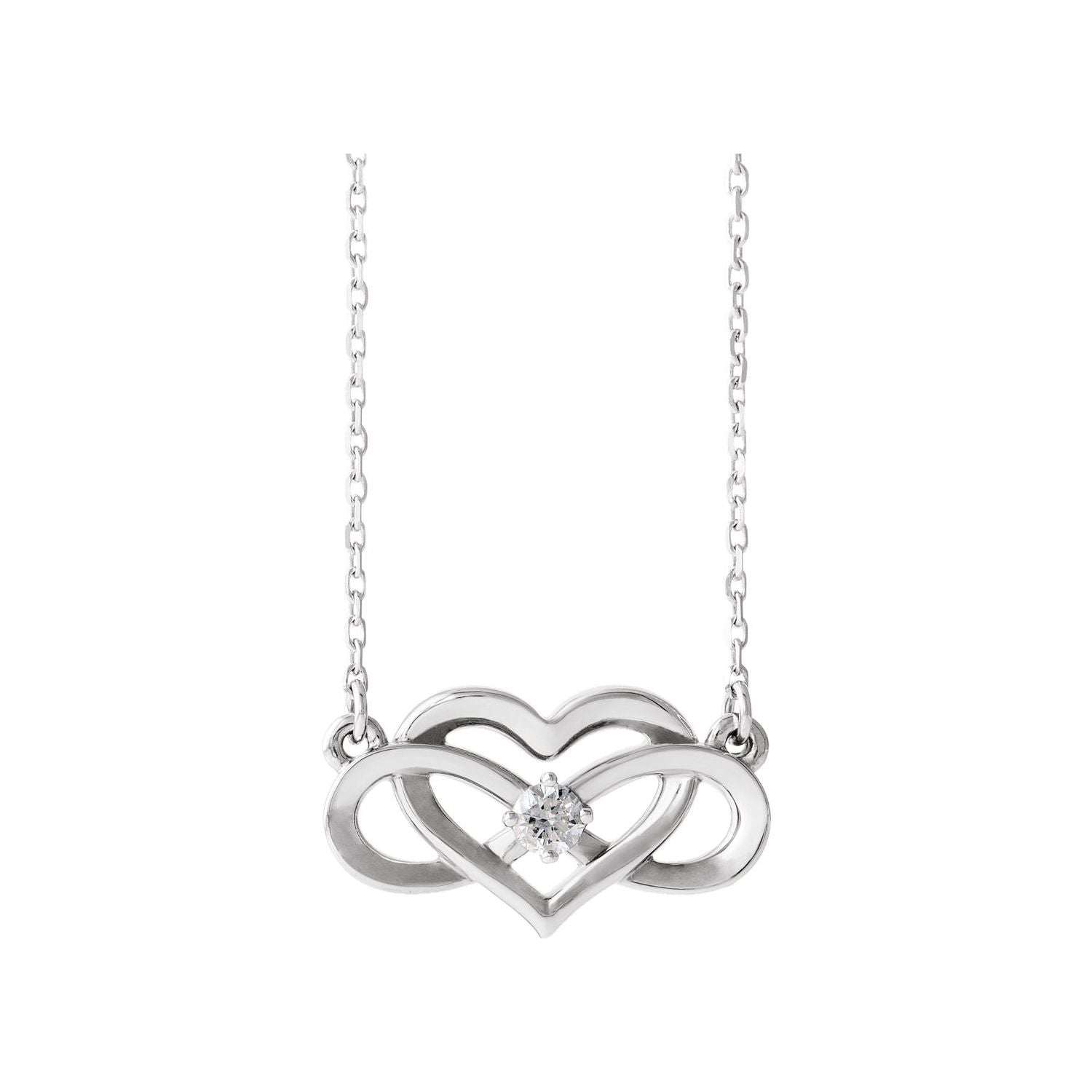 14K White Gold Infinity Heart Diamond Necklace on an adjustable 16 to 18 inch cable chain