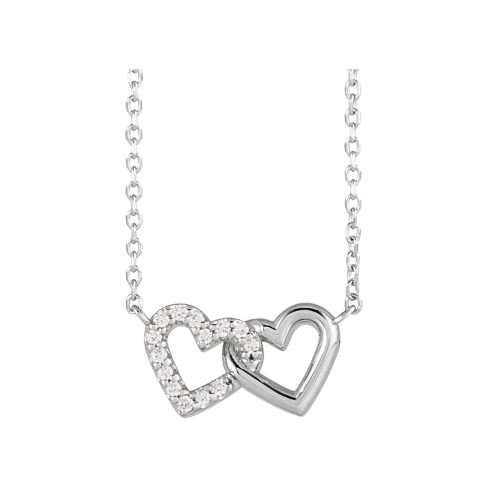 14K White Gold Interlocking Hearts Diamond Necklace on an adjustable 16 to 18 inch cable chain