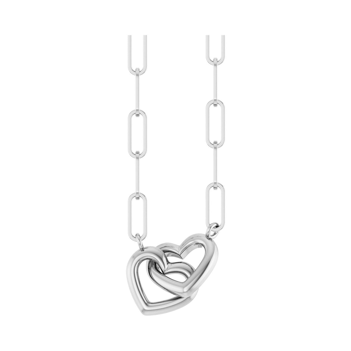 Interlocking Hearts Gold Paperclip Necklace in 14k white gold — shown on its included chain